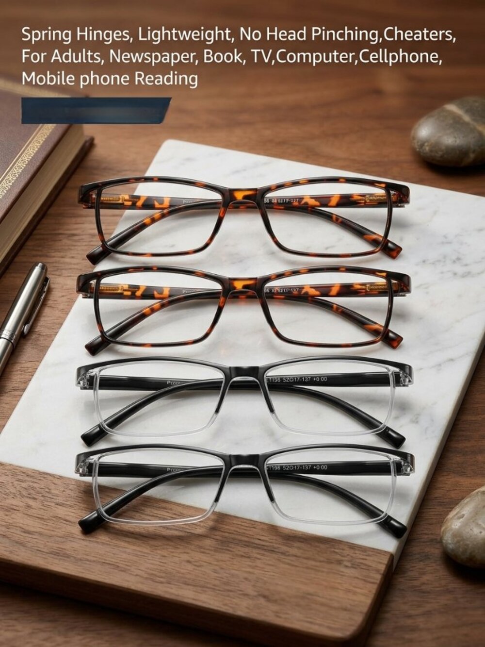 Reading Glasses (4-Pack) – Blue Light Blocking, Spring Readers for Men & Women